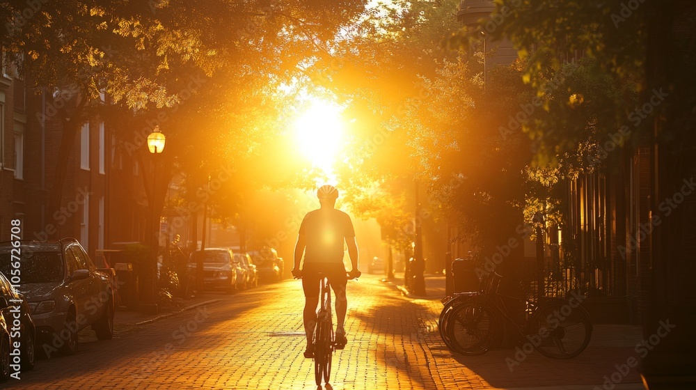 Silhouette of Cyclist Riding Towards the Sunset on a City Street Silhouette of Cyclist Riding Towards the Sunset on a City Street