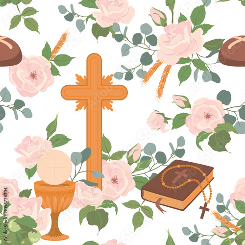 First communion symbols vector background. Golden wine cup, Grail, bread, Bible, rosary, wine, white roses and crucifix. Seamless pattern with Christian symbols. Clipart for holiday invitations.