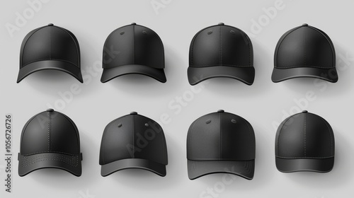 Realistic 3d mockup set of black caps  baseball and uniform hats from multiple angles for design use photo