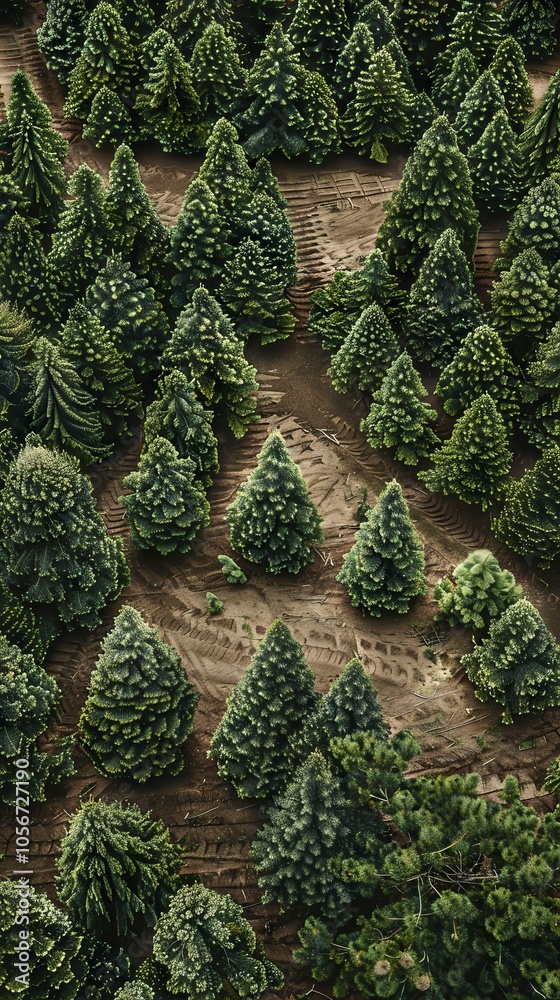 Bird's eye view of a Christmas tree farm.