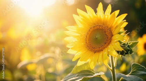 A single sunflower with dew drops on its bright yellow petals, captured in the morning light