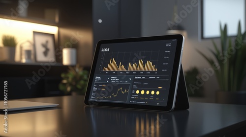 A sleek tablet displays financial analytics charts in a modern workspace with indoor plants during evening hours photo