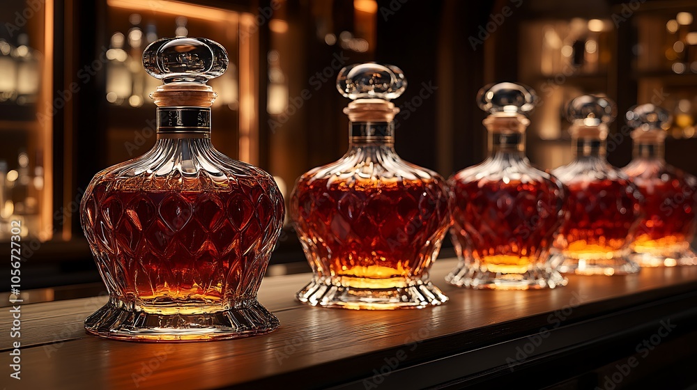Spirits bottles glowing elegantly under delicate warm lighting Spirits bottles glowing elegantly under delicate warm lighting