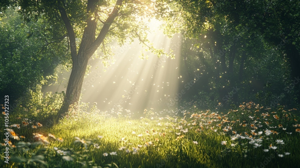 Obraz premium Sunbeams Illuminating a Forest Meadow with Daisies