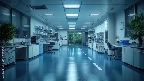 Modern laboratory with equipment and plants, emphasizing research.