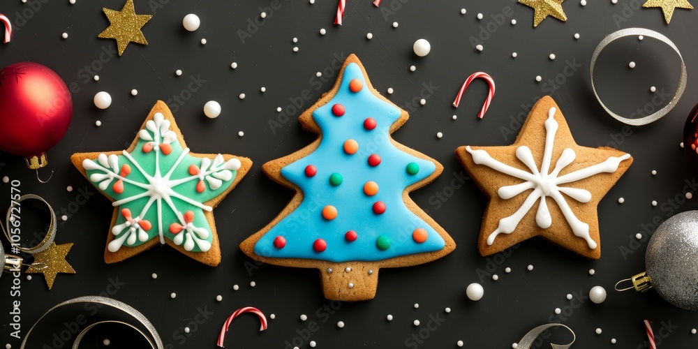 Three Christmas cookies with a blue tree and two stars on top. The cookies are decorated with colorful sprinkles and icing Three Christmas cookies with a blue tree and two stars on top. The cookies are decorated with colorful sprinkles and icing