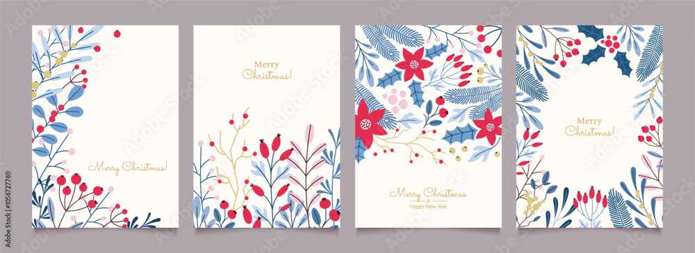 Fototapeta premium Merry Christmas and Happy New Year set of greeting cards, posters, holiday backgrounds. Minimalist hand drawn berries, branches and leaves. Vector illustration.
