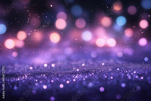 An abstract background featuring soft, purple glitter lights defocused and fading into a dark, velvety backdrop. 