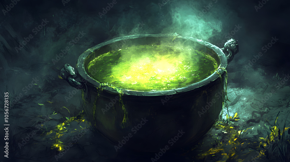 A cauldron bubbling with a thick green liquid made from poisonous herbs. A cauldron bubbling with a thick green liquid made from poisonous herbs.