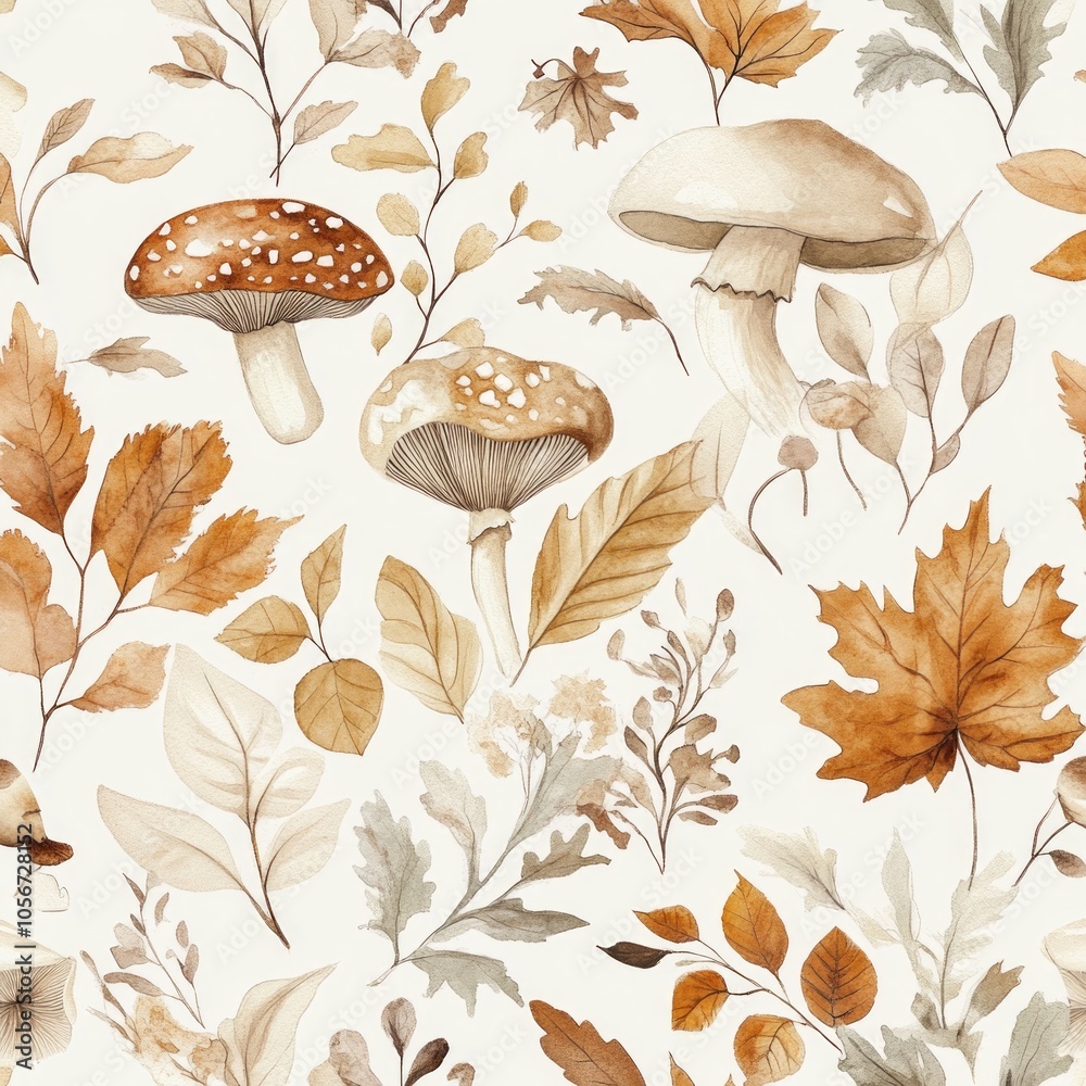 Autumn Watercolor Mushroom and Leaves Pattern Autumn Watercolor Mushroom and Leaves Pattern