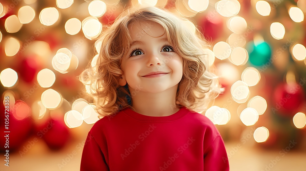 A cute toddler wearing a bright red sweatshirt stands in front of a festive Christmas background, with colorful lights and ornaments in the background. A cute toddler wearing a bright red sweatshirt stands in front of a festive Christmas background, with colorful lights and ornaments in the background.