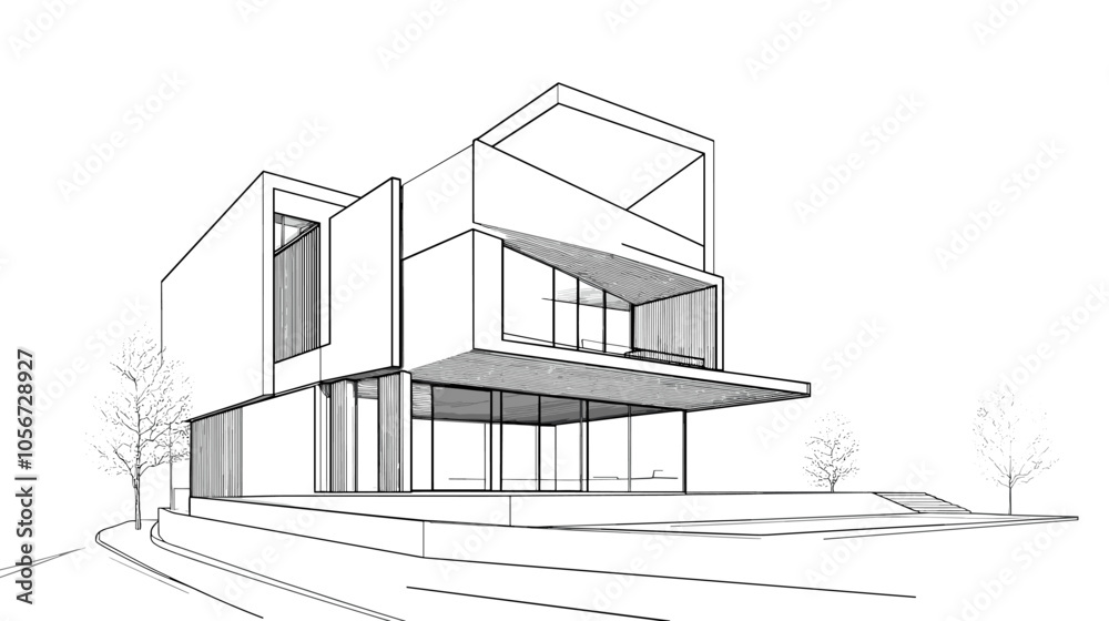 Abstract modern urban building out-line black and white drawing of imaginary architecture building construction perspective design concept sketch Abstract modern urban building out-line black and white drawing of imaginary architecture building construction perspective design concept sketch