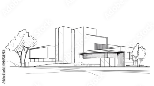 Abstract modern urban building out-line black and white drawing of imaginary architecture building construction perspective design concept sketch