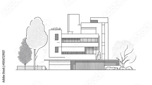 Abstract modern urban building out-line black and white drawing of imaginary architecture building construction perspective design concept sketch
