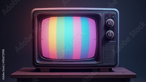A vintage television set with a colorful test pattern displayed on the screen, bathed in a nostalgic glow.
