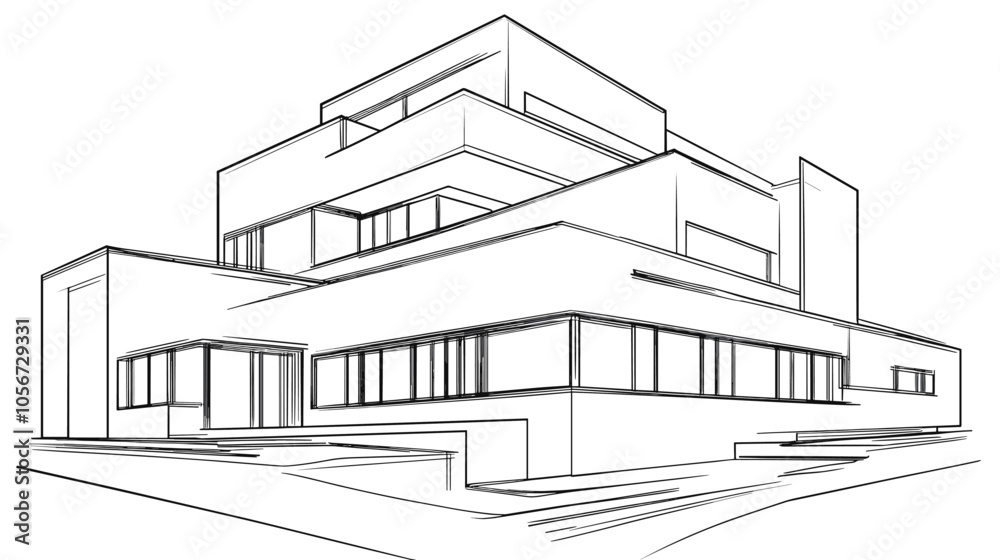 Abstract modern urban building out-line black and white drawing of imaginary architecture building construction perspective design concept sketch Abstract modern urban building out-line black and white drawing of imaginary architecture building construction perspective design concept sketch