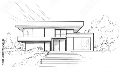 Abstract modern urban building out-line black and white drawing of imaginary architecture building construction perspective design concept sketch