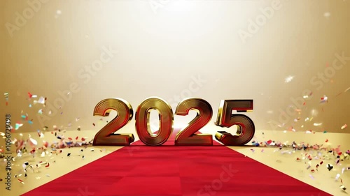 golden shiny Happy New Year 2025 animation.  falling gold confetti on golden 2025 sign. generative ai 