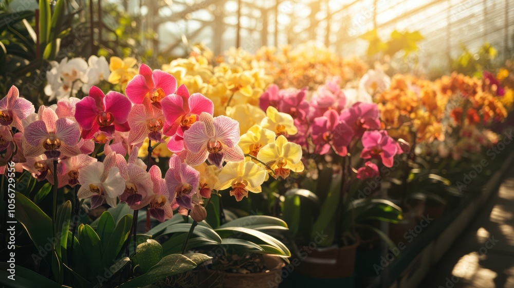 A beautifully arranged display of orchids in a state-of-the-art research facility A beautifully arranged display of orchids in a state-of-the-art research facility