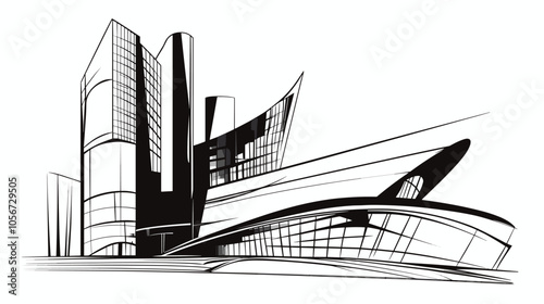 Abstract modern urban building out-line black and white drawing of imaginary architecture building construction perspective design concept sketch
