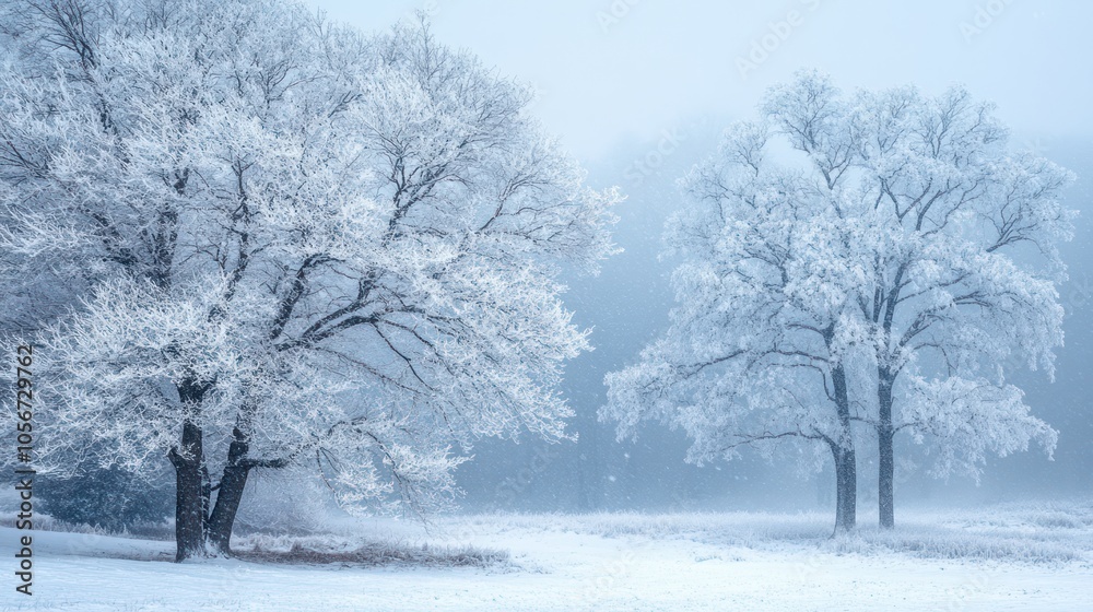 Winter landscape frosty trees in winter forest in cold weather. Tranquil winter forest nature under snowfall Winter landscape frosty trees in winter forest in cold weather. Tranquil winter forest nature under snowfall