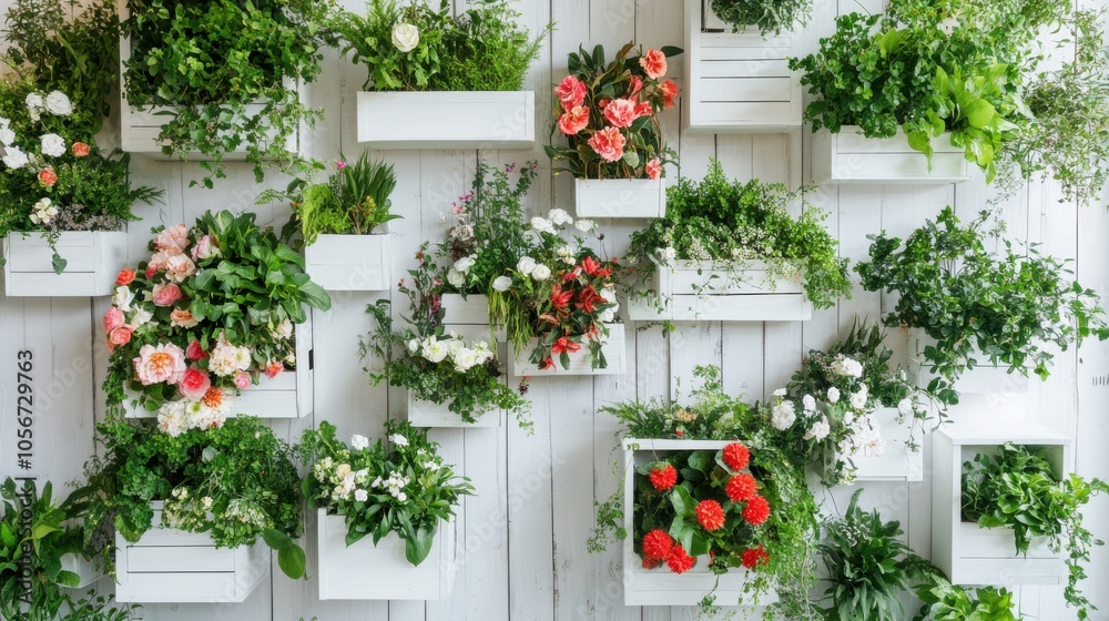 Naklejka premium A beautifully arranged wall with white wooden boxes filled with vibrant flowers