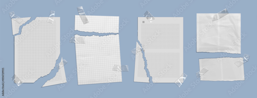 Torn note paper. Rip school notebook page vector. White grid sheet piece with tape sticker. Crumpled and ripped realistic poster with checkered notepad frame element. Blank planner pad template