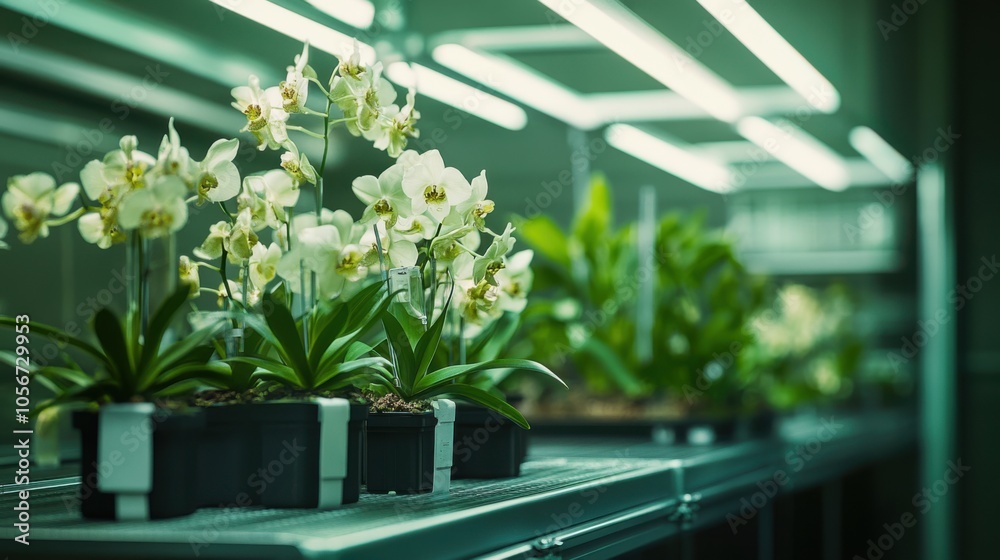 A beautifully lit scene of orchids growing in a state-of-the-art research lab, A beautifully lit scene of orchids growing in a state-of-the-art research lab,