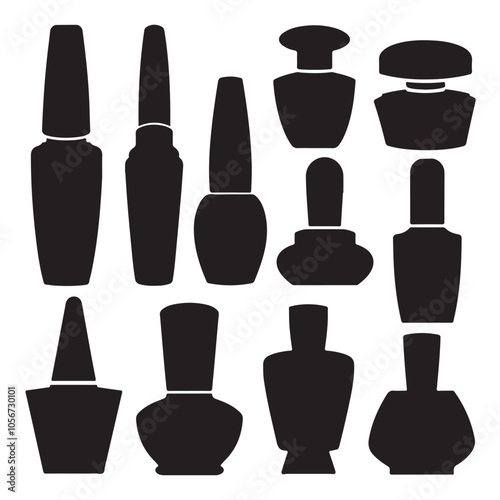 Cosmetic bottles, products, and icons represent a set of beauty essentials