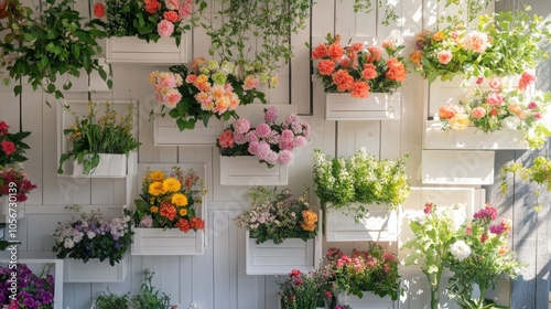 A bright, naturally lit wall display with white wooden boxes overflowing