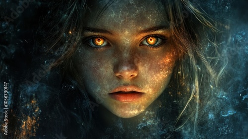 A captivating digital painting of a young girl with bright, luminous eyes,