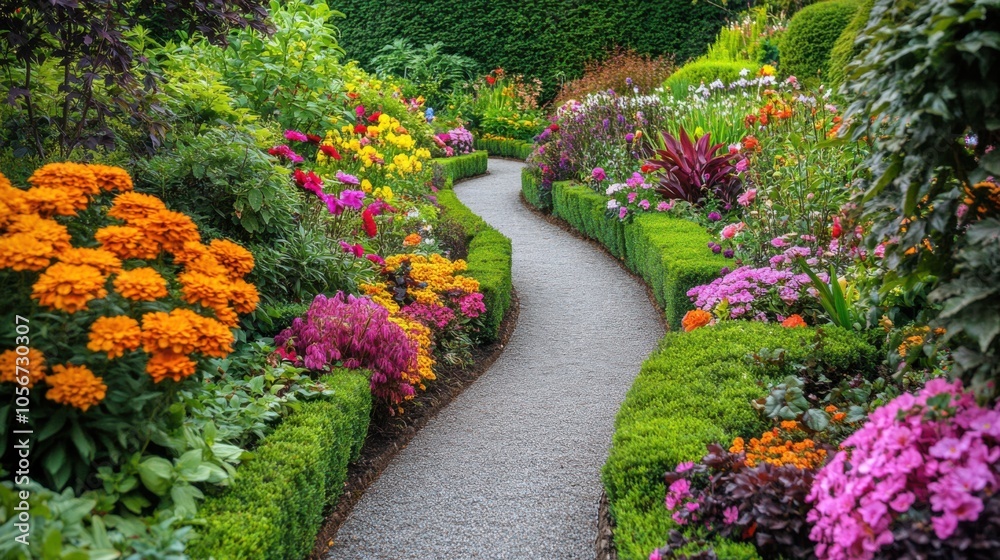Obraz premium A charming garden path with beds of colorful flowers and neatly trimmed hedges