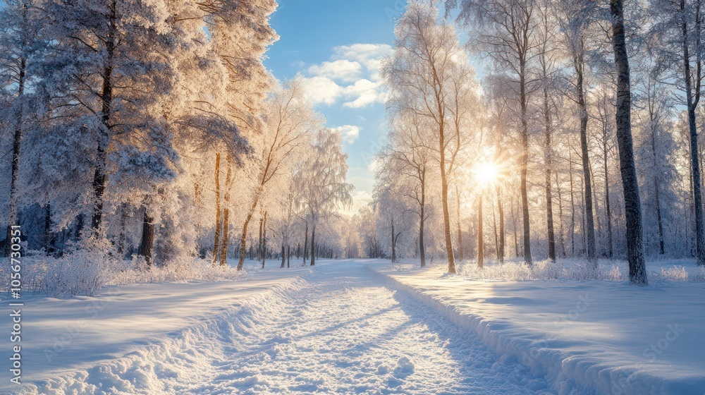 Winter landscape frosty trees in winter forest in cold weather. Tranquil winter forest nature under snowfall Winter landscape frosty trees in winter forest in cold weather. Tranquil winter forest nature under snowfall