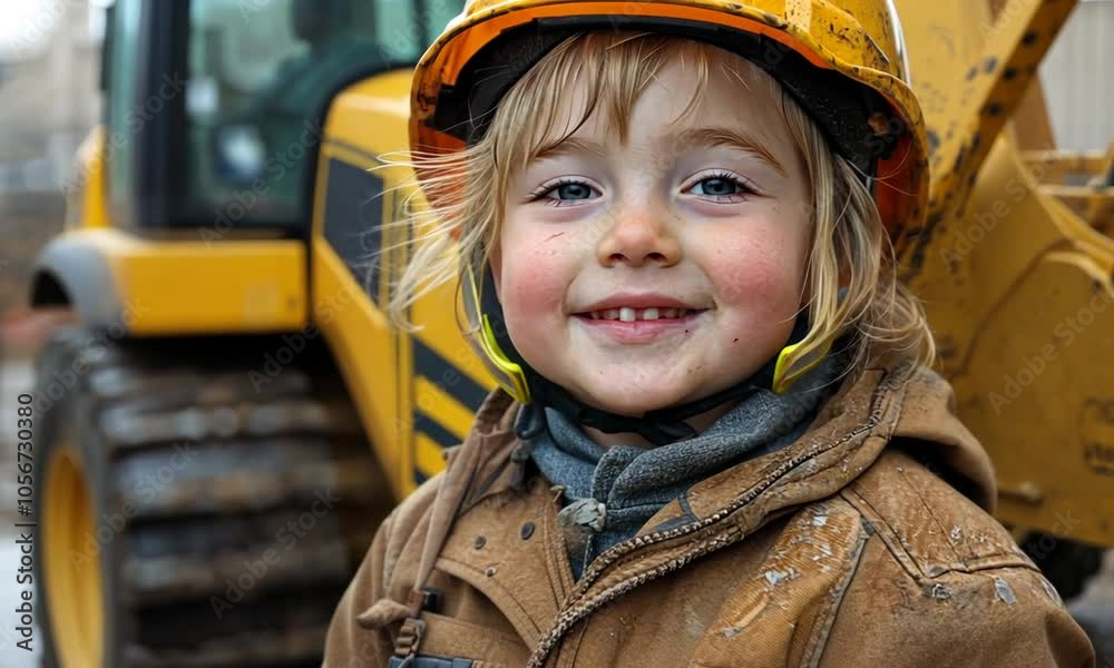 A young child wearing a yellow helmet smiles on a construction site. A young child wearing a yellow helmet smiles on a construction site.