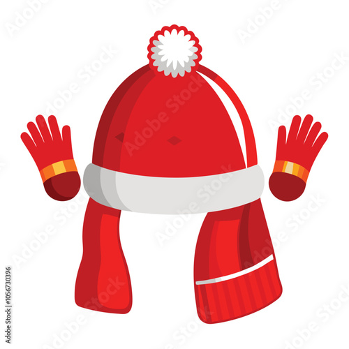 Realistic illustration of knitted santa hat with earflaps, red mittens and scarf 