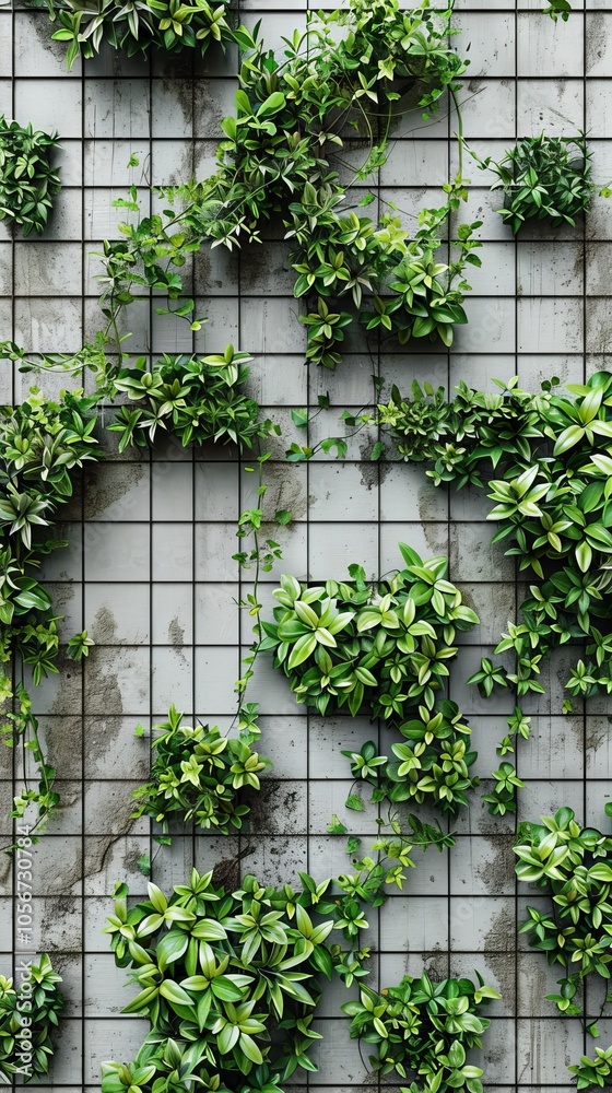 A vertical garden with vibrant green plants growing on a concrete wall, creating a geometric pattern and a modern, eco-friendly aesthetic. A vertical garden with vibrant green plants growing on a concrete wall, creating a geometric pattern and a modern, eco-friendly aesthetic.