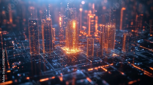 Wallpaper Mural Digital Cityscape with Illuminated Buildings and Networked Infrastructure Torontodigital.ca