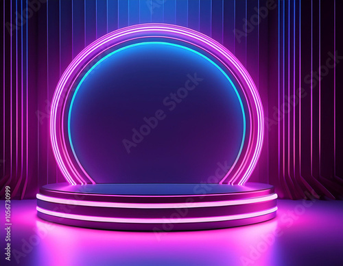 Neon Glow Podium with Ultraviolet Lines Abstract Art Deco Memorial Board photo