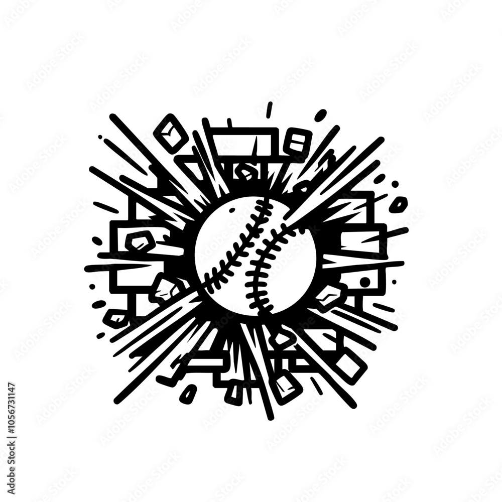 Minimalist Black and White Vector Illustration of Baseball Crashing Through Brick Wall Minimalist Black and White Vector Illustration of Baseball Crashing Through Brick Wall