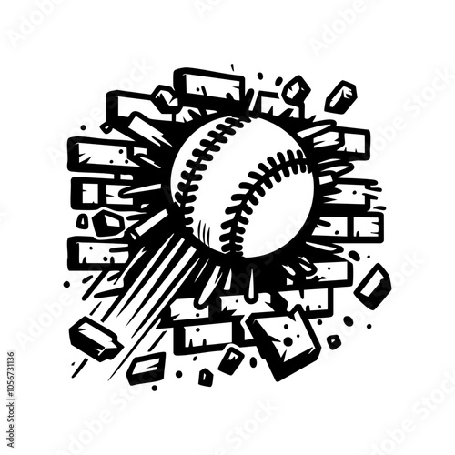 Minimalist Black and White Vector Illustration of Baseball Crashing Through Brick Wall