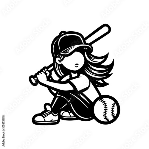 Minimalist Black and White Vector Illustration of Girl Sitting with Baseball Bat and Ball