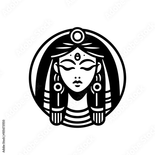 Minimalist Black and White Vector Icon of Egyptian Queen’s Head in Round Design