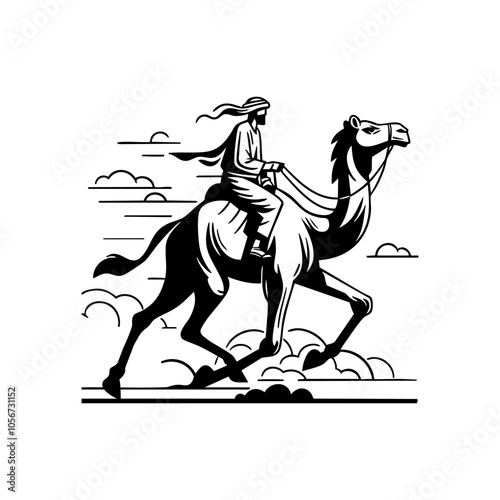 Wallpaper Mural Minimalist Black and White Vector Illustration of an Arabian Bedouin Riding a Camel Torontodigital.ca