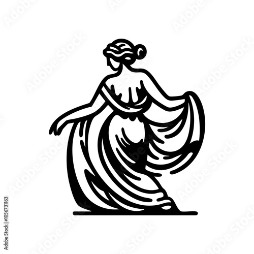 Minimalist Black and White Vector Illustration of Greek Goddess in Graceful Pose