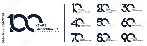 collection anniversary 10 to 100 year logo designs. abstract number for celebration event, wedding, greeting card, and invitation, vector illustration