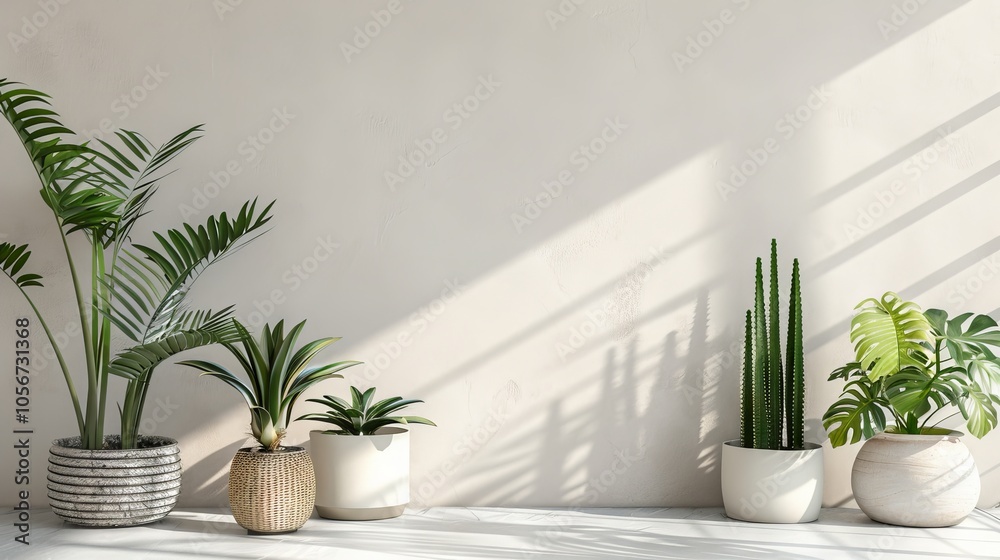A collection of modern indoor plants in stylish pots, beautifully arranged with sunlight casting shadows on a minimalist white background. A collection of modern indoor plants in stylish pots, beautifully arranged with sunlight casting shadows on a minimalist white background.