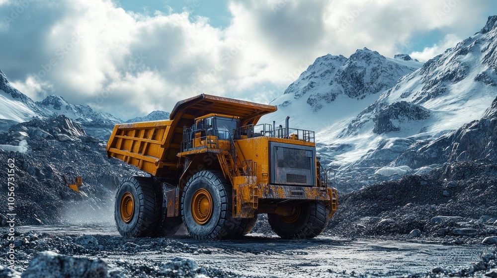 A large yellow dump truck operates in a mountainous mining area. A large yellow dump truck operates in a mountainous mining area.