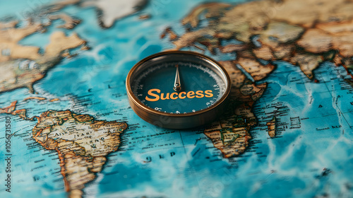 Golden Compass Pointing to Success Word on Vintage World Map Background.