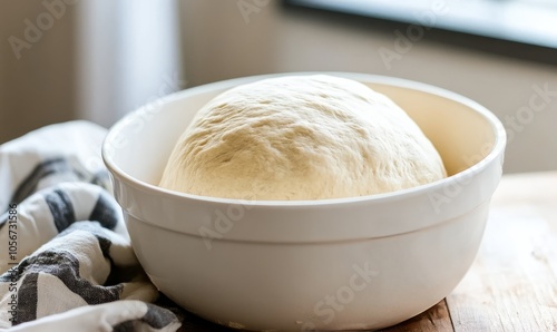 Proofed bread dough in a white bowl