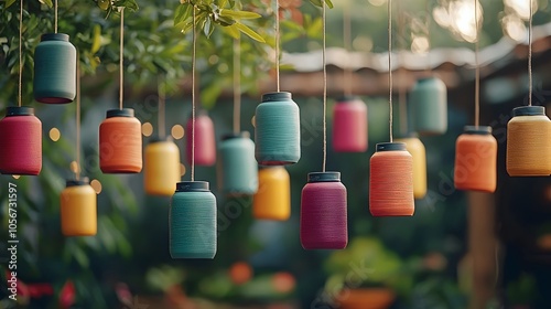 Vibrant Lanterns Illuminate a Festive Scene in a Lush Green Garden at Sunset, Creating Magic. Festival of Lights Concept photo